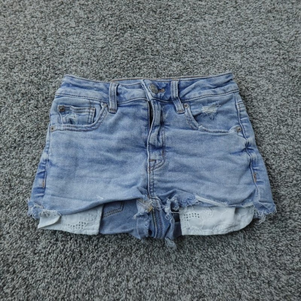 American Eagle Shorts Womens 00 Blue Denim Jean Cut Off Mini Micro Low Rise Fade